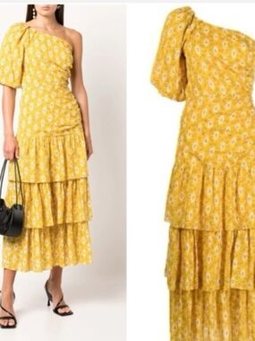 Veronica Beard Yellow One-Shoulder Tiered Floral Midi Dress